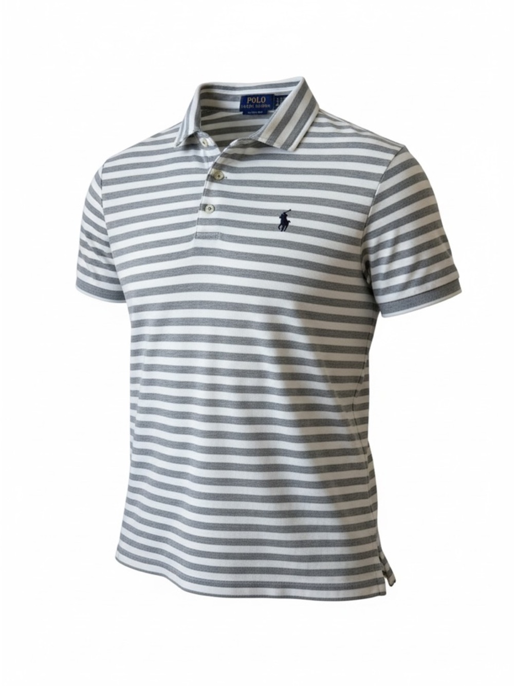 Polo by Ralph Lauren Men’s Gray and White Striped Polo with Navy Logo